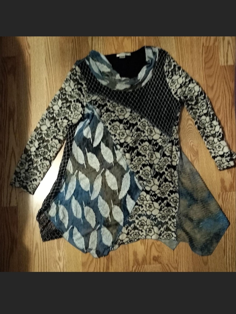 Boho Patchwork Floral & Leaf Print Tunic Top - Blue/Black